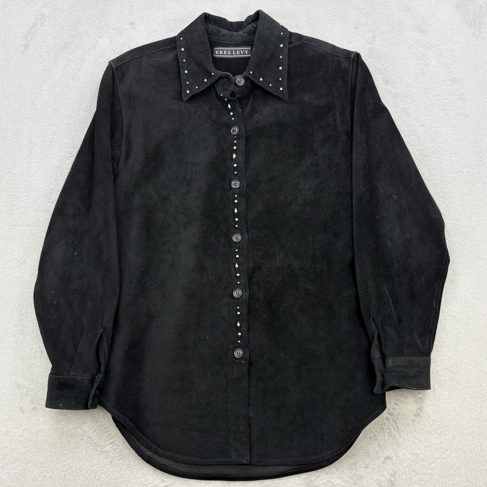 Erez Levy Leather Shirt Womens Small Black 100% Real Leather Rhinestones Suede